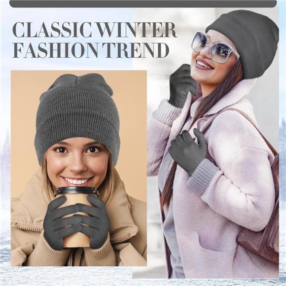 2 Pcs Shiny Match Winter Beanie Hat Gloves Set, Soft Knitted Hat Stretchy Gloves - Picture 6 of 8